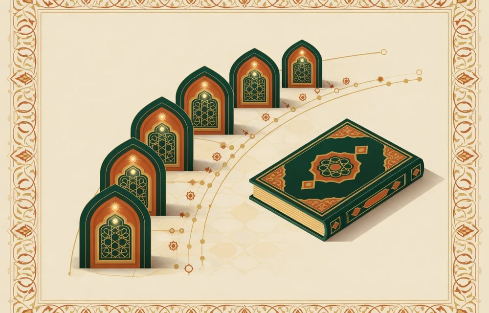Ilustrasi geometris Islam untuk panduan: Makharijul Huruf: 5 Makhraj Utama dan 17 Titik Keluar Huruf Hijaiyah